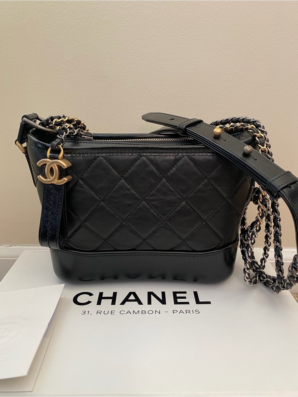 CHANEL Gabrielle Black Quilted Lambskin Crossbody with Gold CC Charm